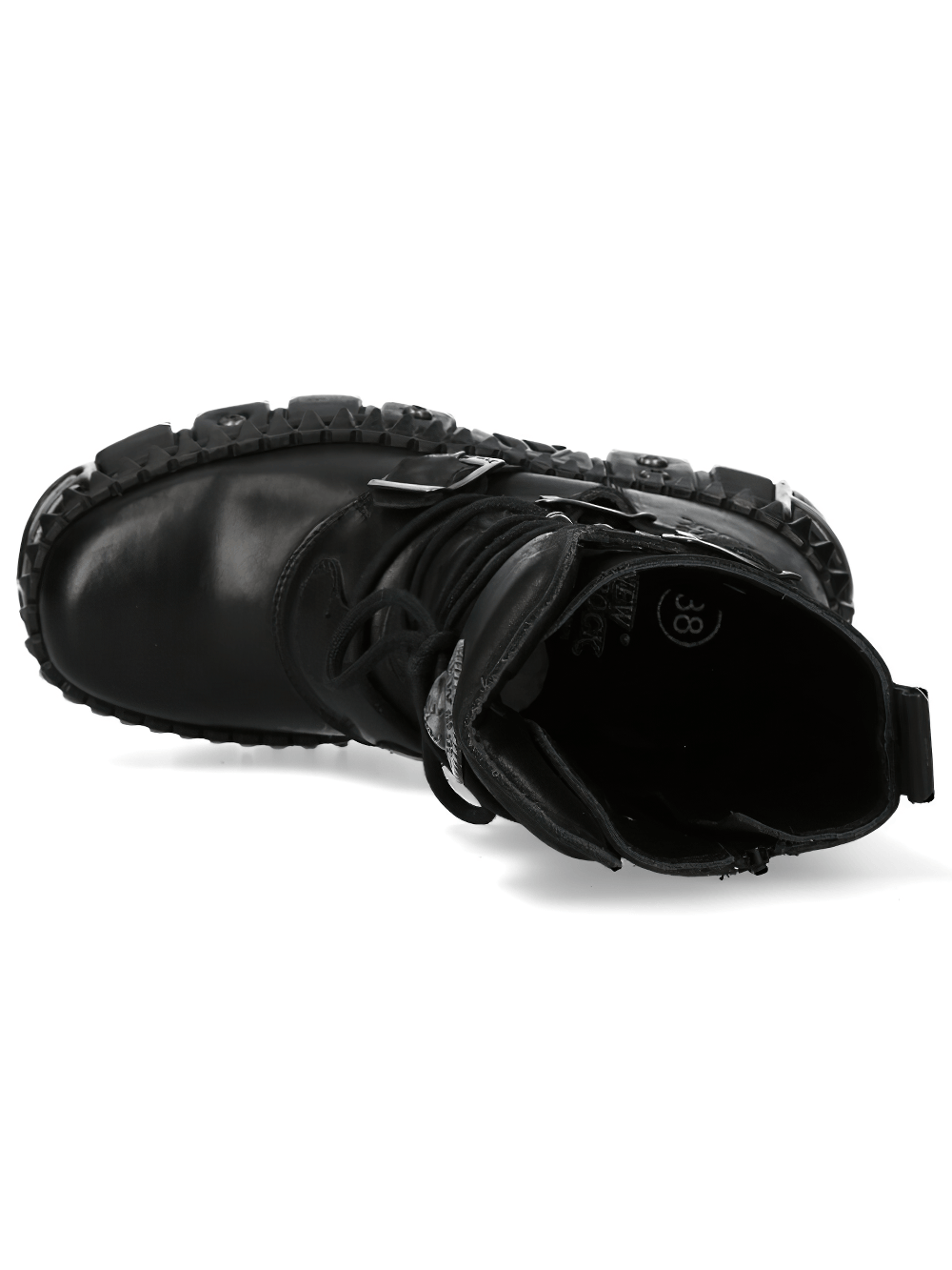 NEW ROCK Men's Combat Boots with Buckles and Armored Platforms showcasing black leather and rugged sole.