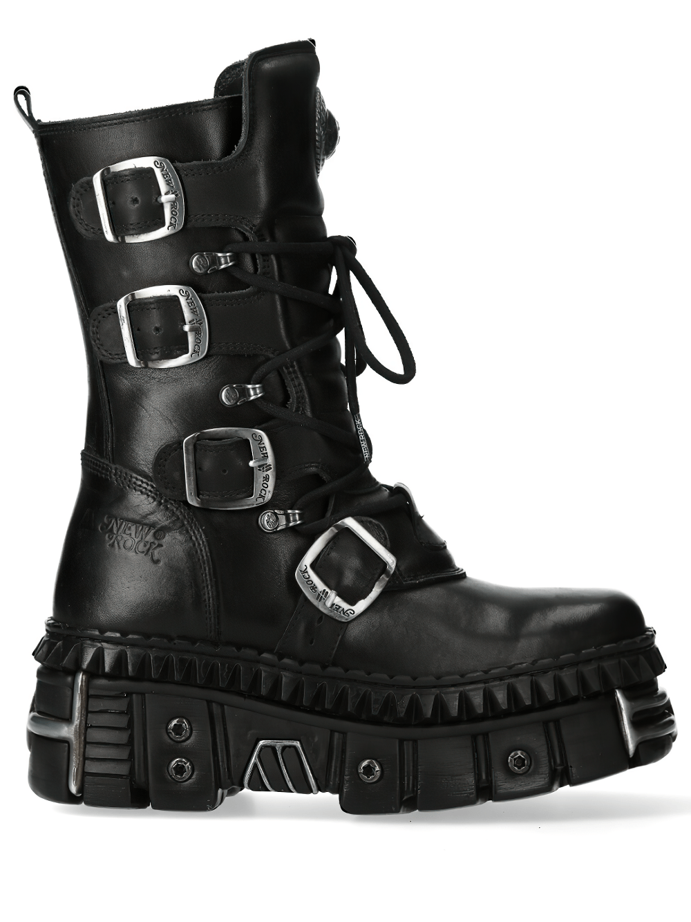 NEW ROCK Men's Combat Boots with Buckles and Armored Platforms in black leather with bold buckle straps and platform sole.