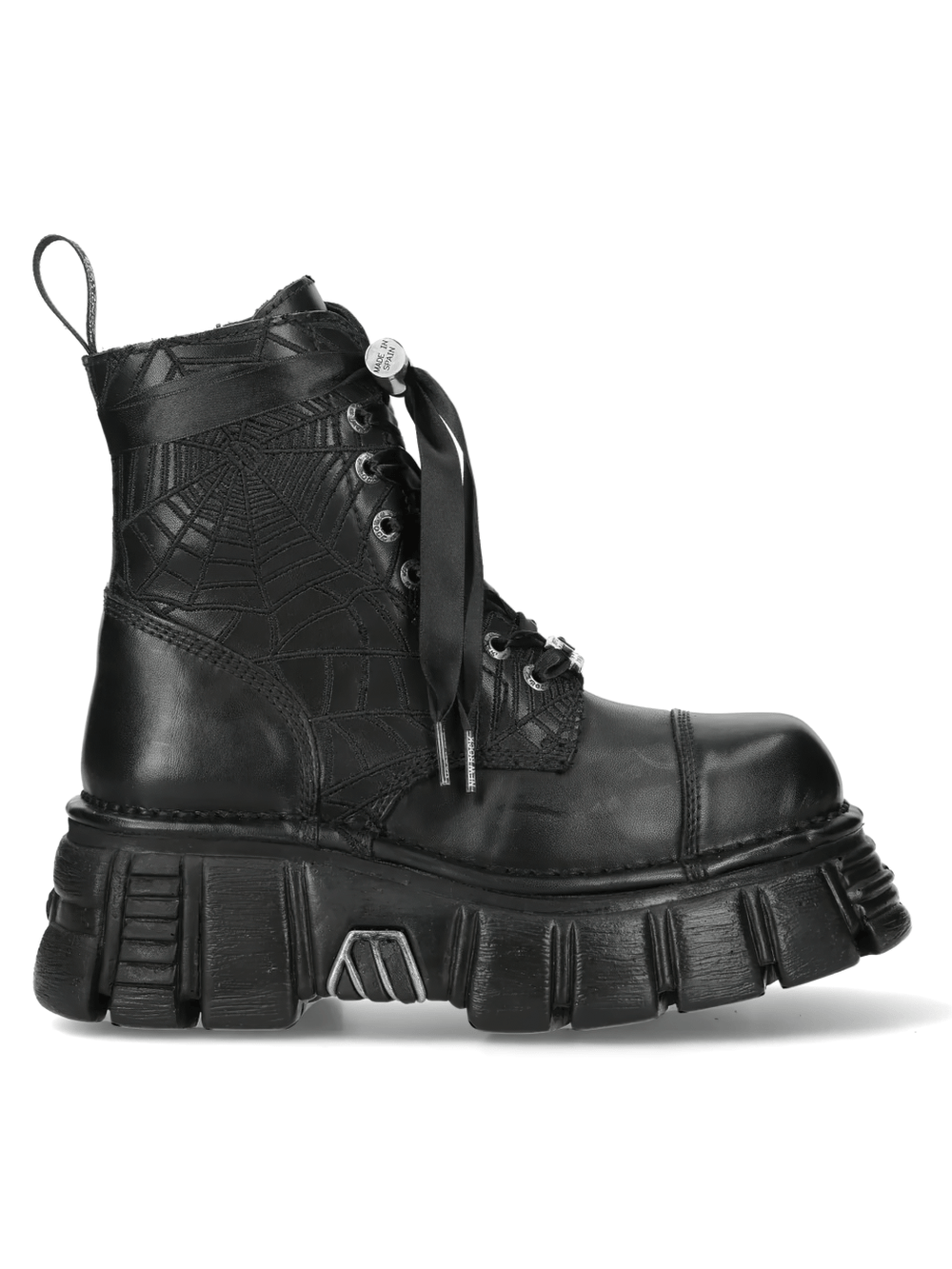 NEW ROCK Men's Combat Boots with Ribbon Laces and Lug Sole in sleek black leather with fashionable lug sole.