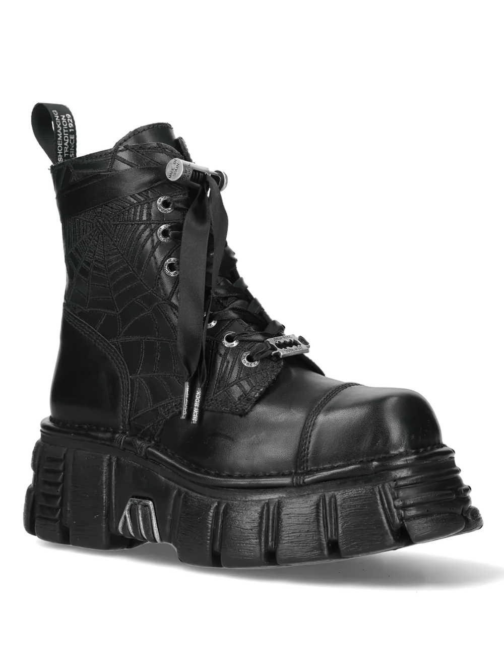 NEW ROCK Men's Combat Boots with Ribbon Laces and Lug Sole in stylish black leather with unique design.