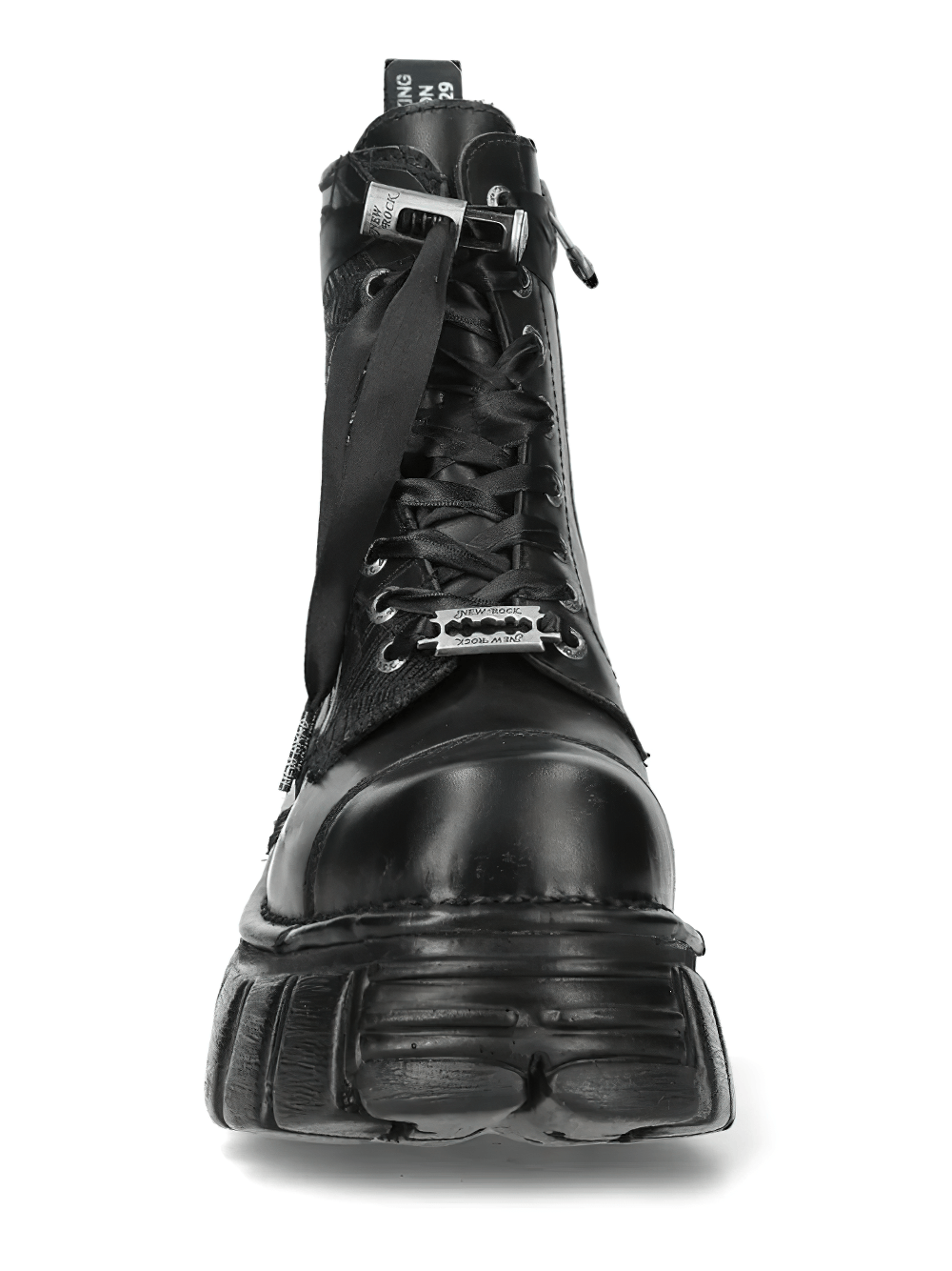 NEW ROCK Men's Combat Boots with Ribbon Laces and Lug Sole front view showcasing stylish design and durable materials.