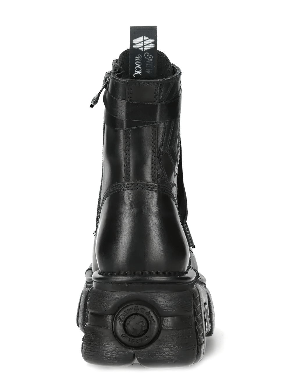 Back view of NEW ROCK Men's Combat Boots with Ribbon Laces and Lug Sole showcasing stylish design and unique sole.