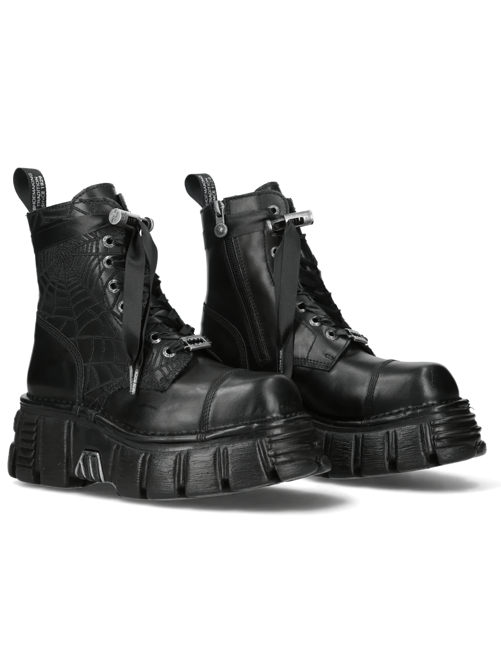 NEW ROCK Men's Combat Boots with Ribbon Laces and Lug Sole in black with unique spider web design.
