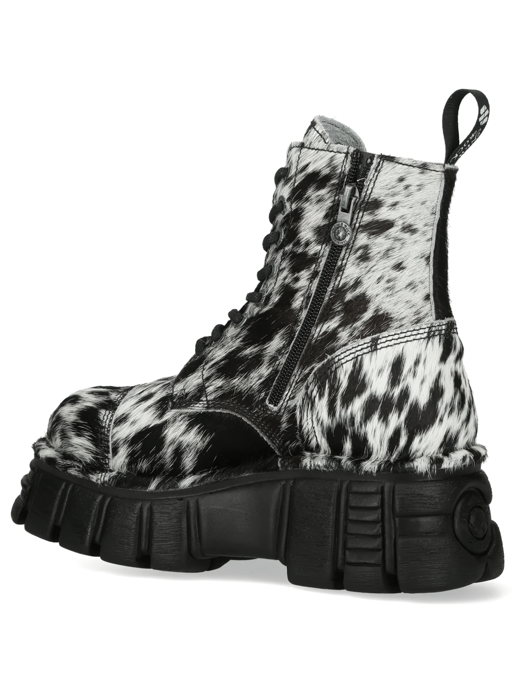 NEW ROCK Men's Cow Print Gothic Boots with Chunky Lug Sole in black and white, featuring a side zipper and chunky sole.
