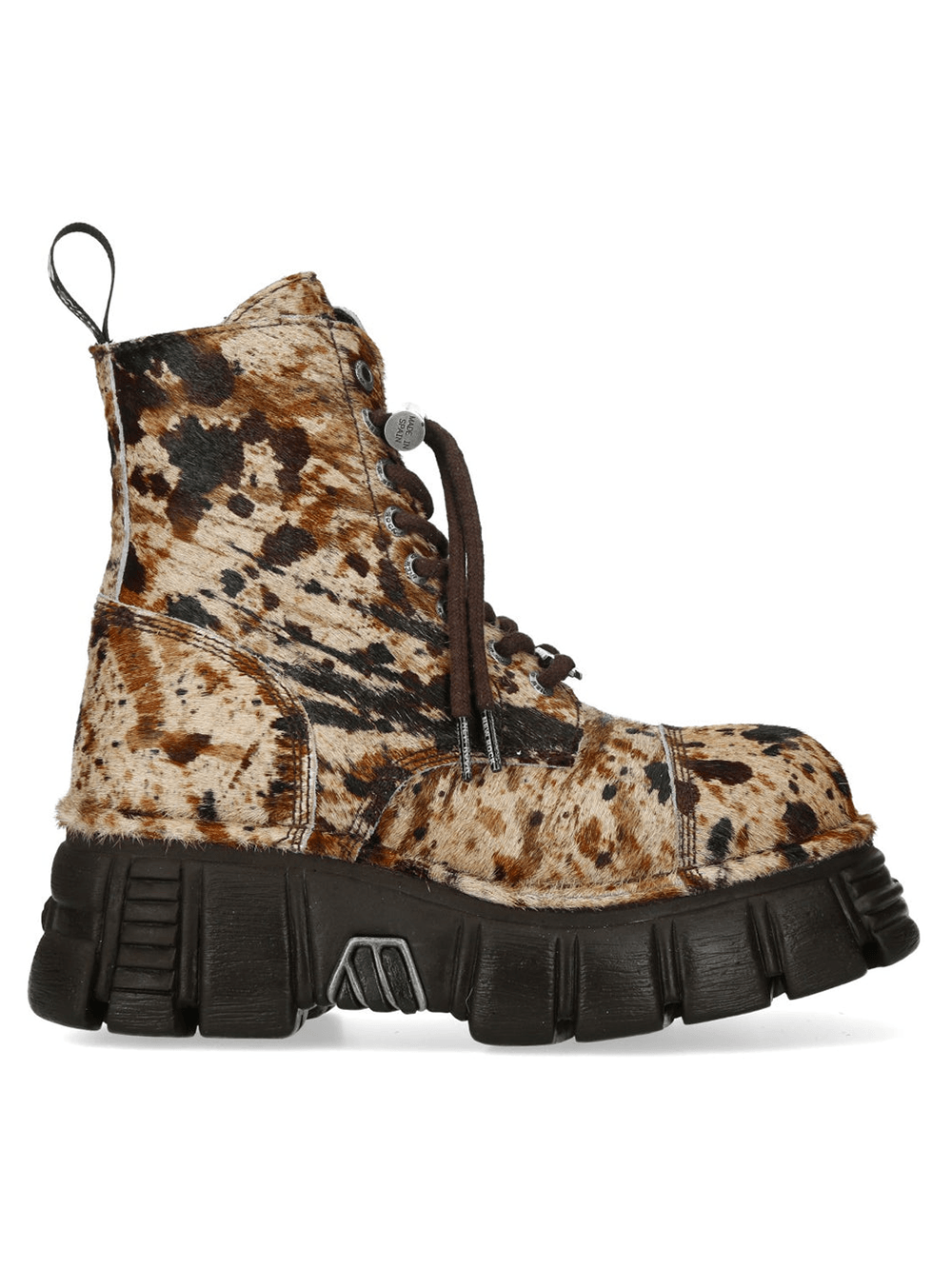 NEW ROCK Men's Cow Print Gothic Platform Ankle Boots with chunky tread and web print details.