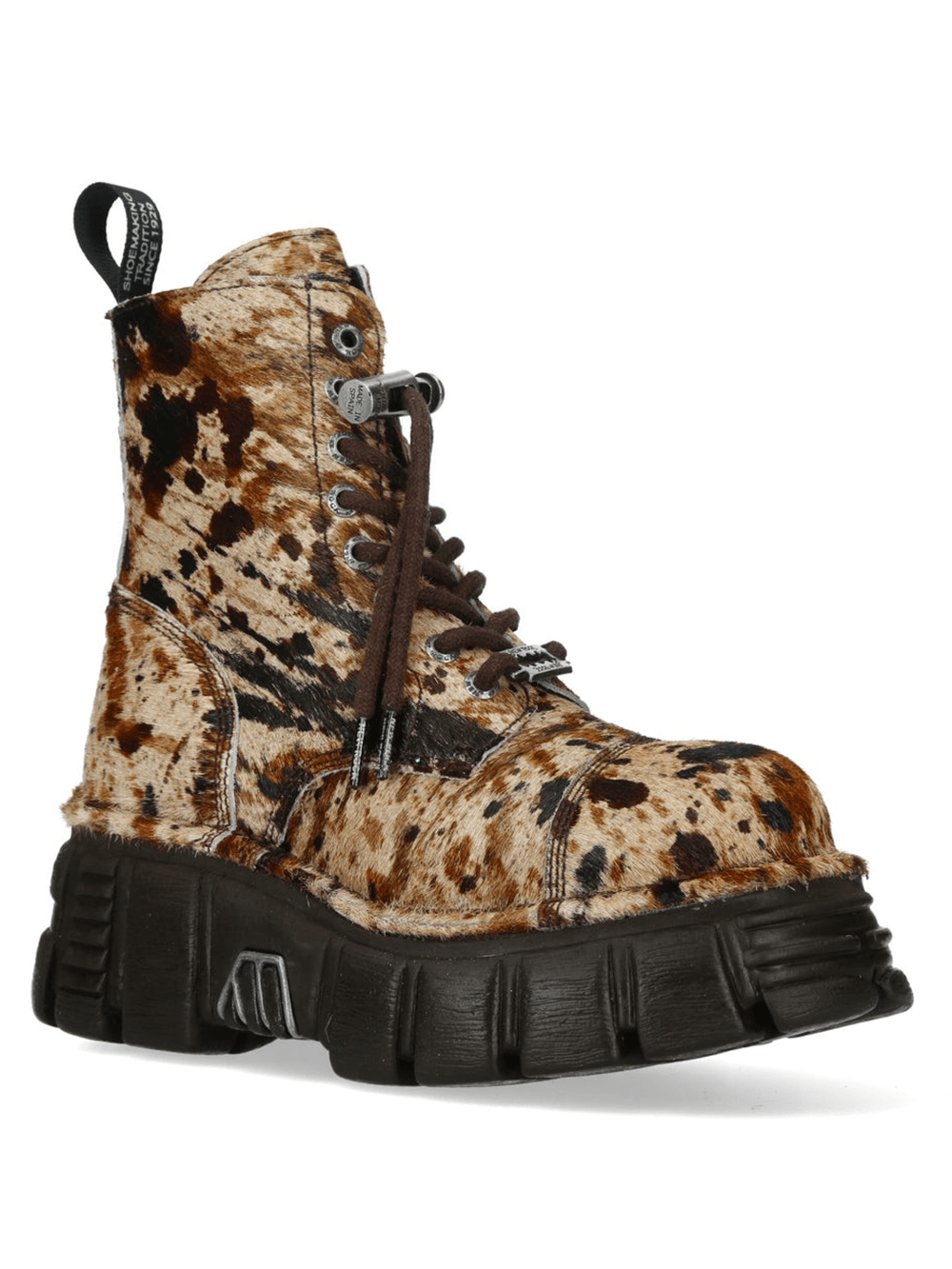 NEW ROCK Men's Cow Print Gothic Platform Ankle Boots with chunky tread and brown lace-up design.