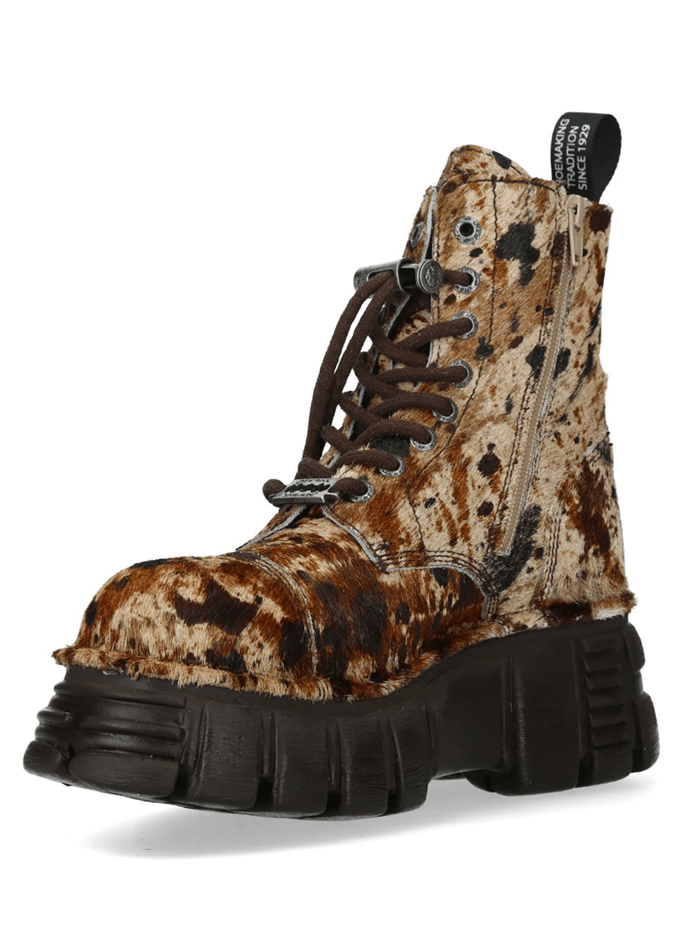 NEW ROCK Men's Cow Print Gothic Platform Ankle Boots with lace-up design and chunky tread sole.