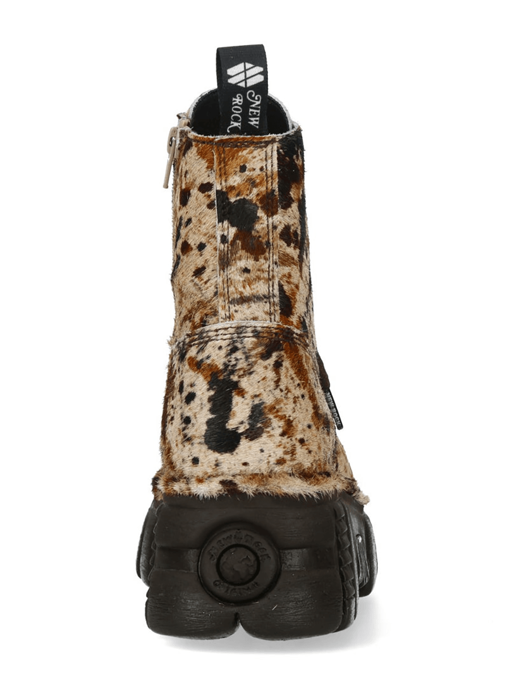 NEW ROCK Men's Cow Print Gothic Platform Ankle Boots - stylish back view showcasing the unique cow print design.