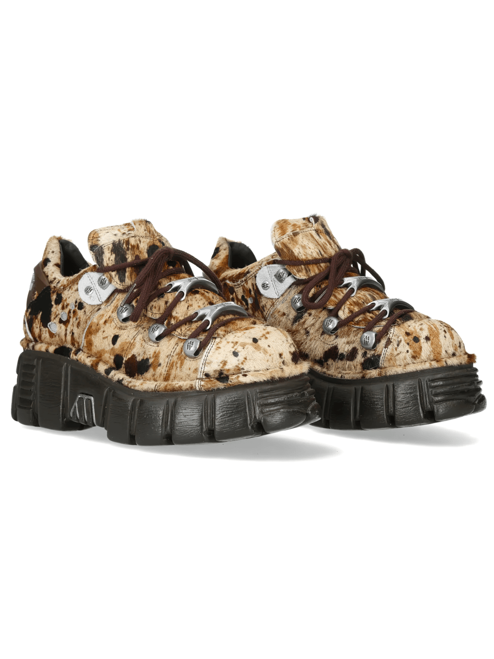 NEW ROCK Men's Cow Print Rock Shoes with Lugged Sole featuring brown and cream spotted pattern.