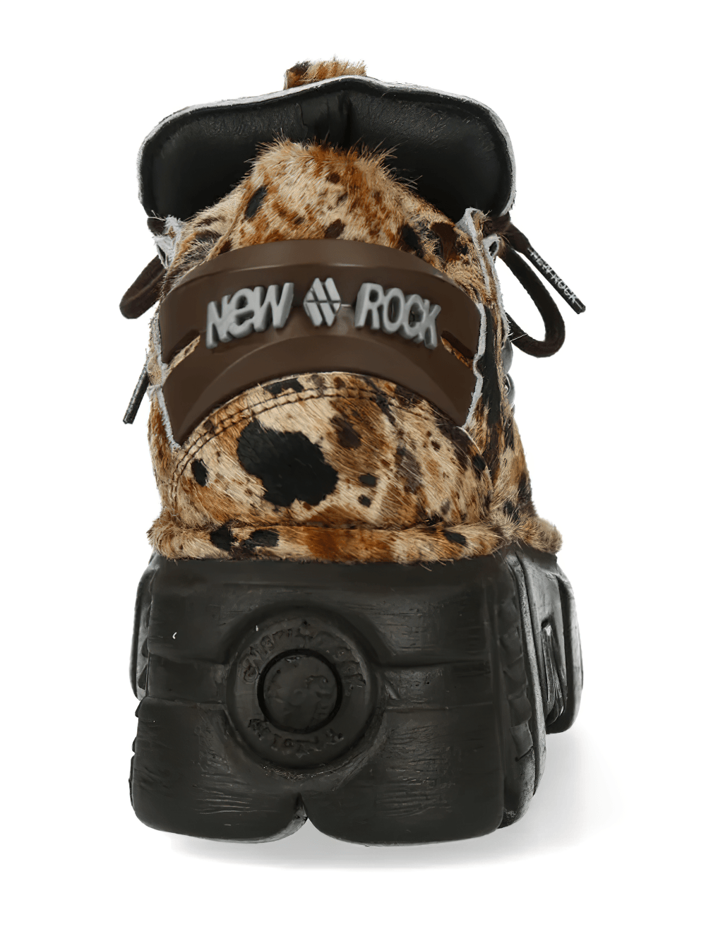 NEW ROCK Men's Cow Print Rock Shoes with Lugged Sole featuring a brown spotted design and oversized tread sole.