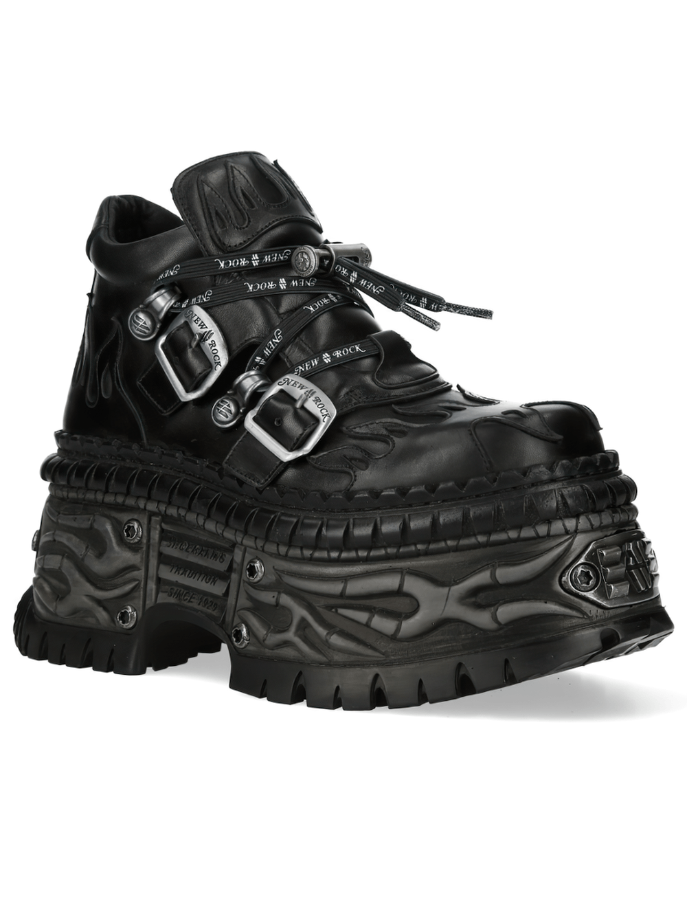 NEW ROCK Men's Dark Platform Shoes with Buckled Trim Detail featuring flame designs and double buckle hardware.