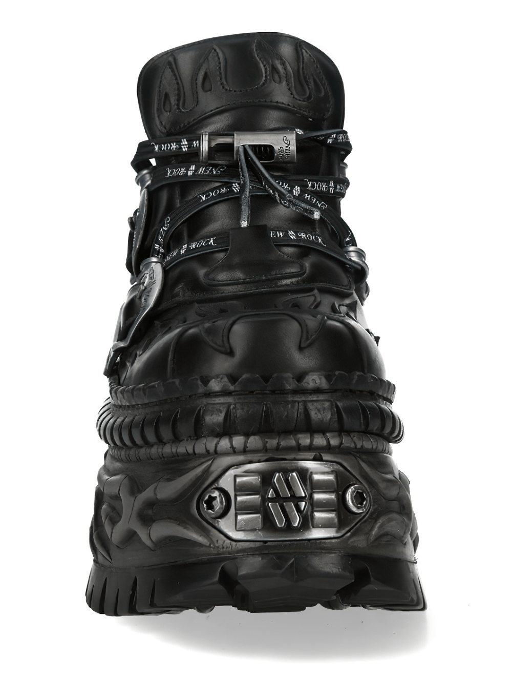 NEW ROCK Men's Dark Platform Shoes with Buckled Trim Detail featuring flame buckle hardware and sculpted sole.