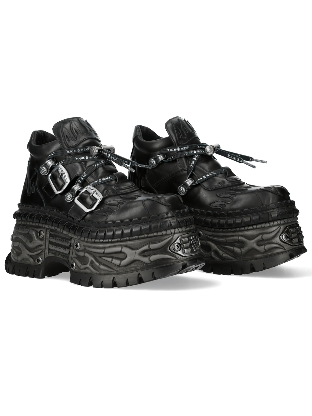 NEW ROCK Men's Dark Platform Shoes with Buckled Trim Detail featuring flame hardware and a sculpted sole.