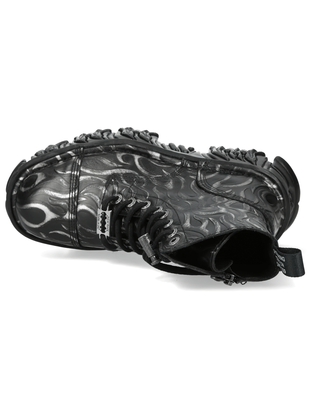 NEW ROCK Men's Flame Ankle Boots with Chunky Lug Soles featuring black and silver flame design and rugged sole.