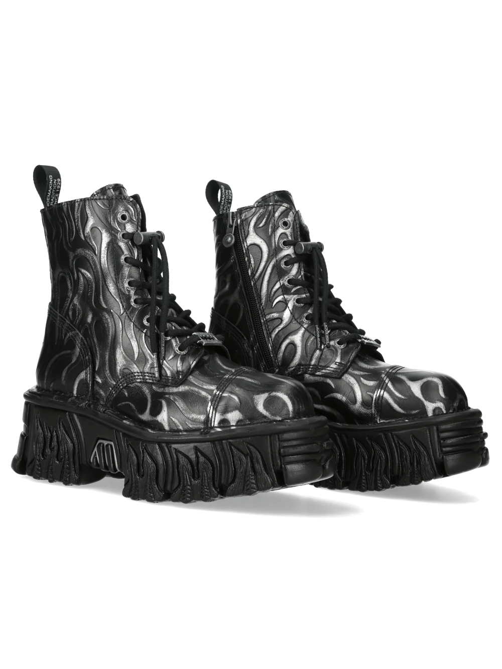 NEW ROCK Men's Flame Ankle Boots with Chunky Lug Soles in black with silver flame embossing and chunky sole.
