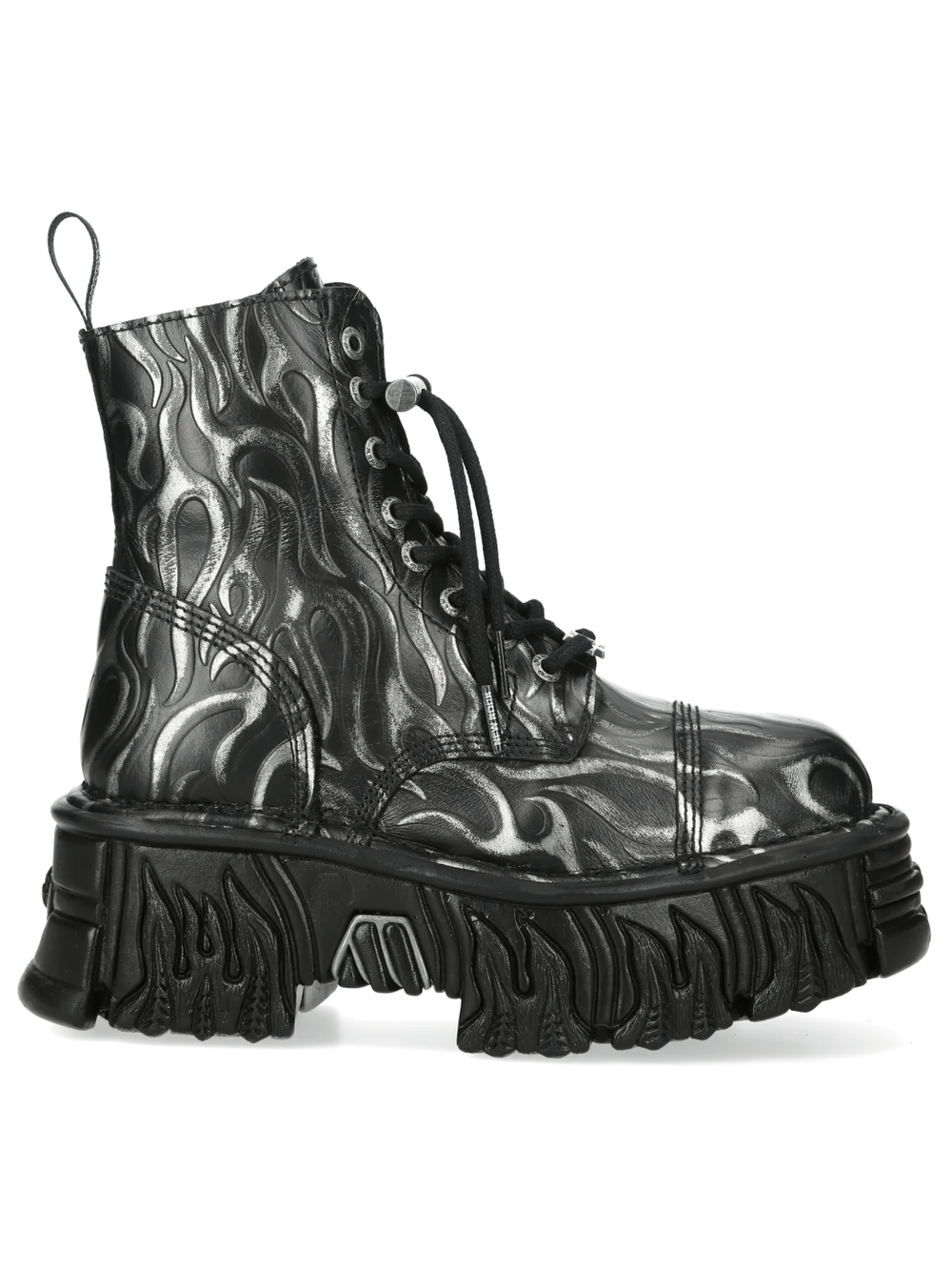 NEW ROCK Men's Flame Ankle Boots with Chunky Lug Soles in black with silver flame embossing, showcasing a military punk style.