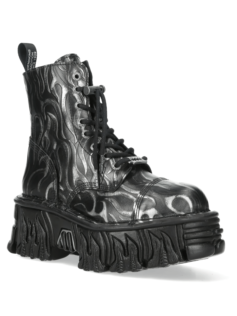 NEW ROCK Men's Flame Ankle Boots with Chunky Lug Soles featuring black and silver flame design.