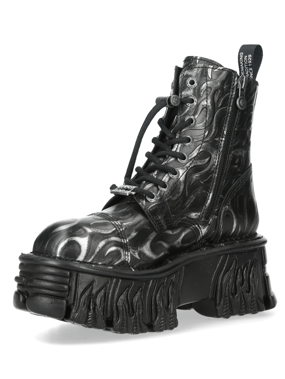 NEW ROCK Men's Flame Ankle Boots with Chunky Lug Soles featuring black flame embossing and sculpted platform.
