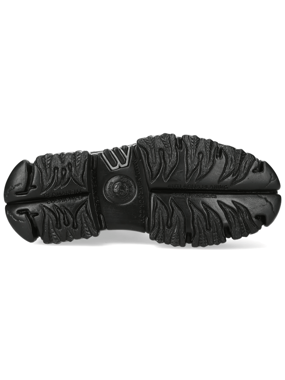 NEW ROCK Men's Flame Ankle Boots with Chunky Lug Soles unique black flame sole design showcasing detailed tread pattern.