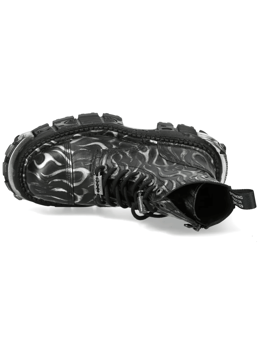 NEW ROCK Men's Flame Boots with Industrial Platform Sole showcasing black flame pattern and rugged design.