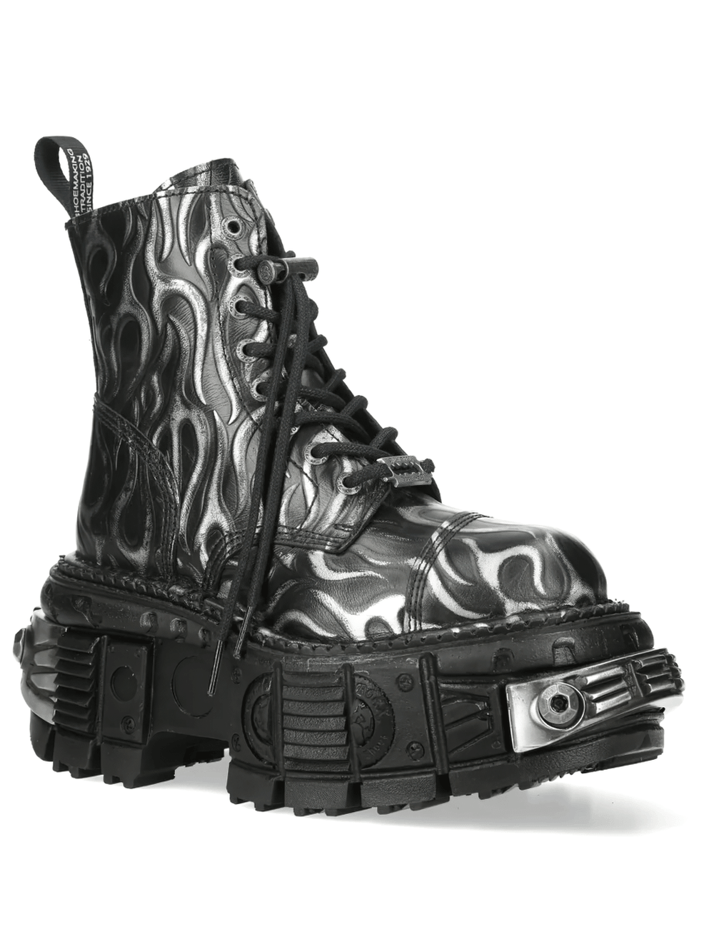 NEW ROCK Men's Flame Boots with Industrial Platform Sole featuring a striking black flame pattern and rugged platform.