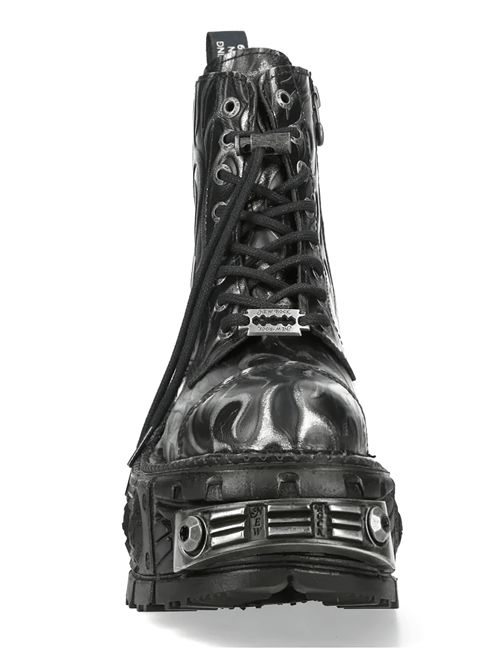NEW ROCK Men's Flame Boots with Industrial Platform Sole showcasing a fiery flame pattern and metallic details.