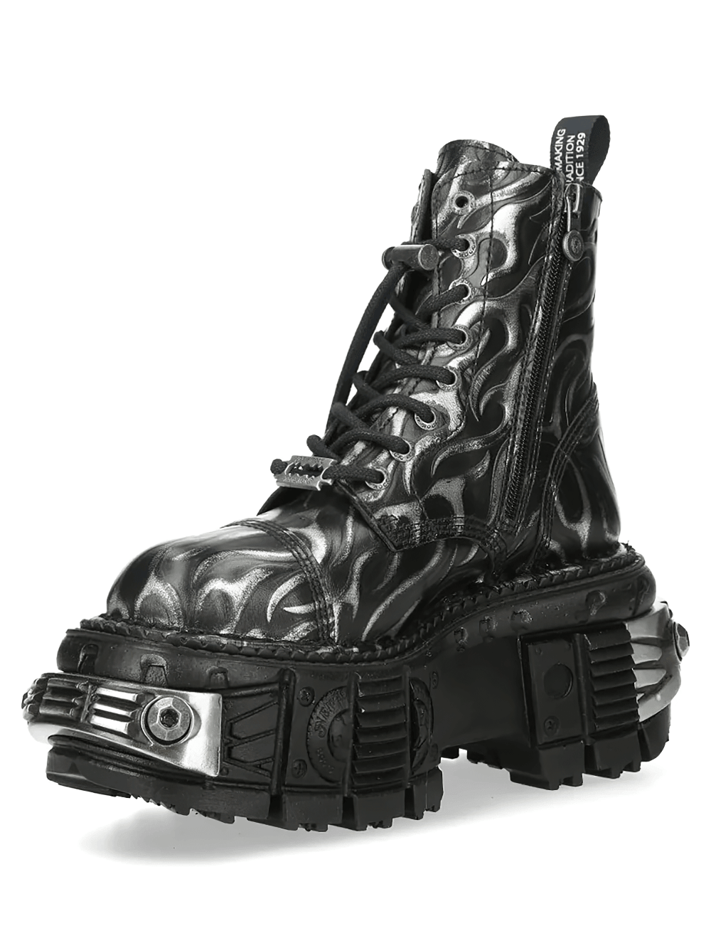 NEW ROCK Men's Flame Boots with Industrial Platform Sole in black flame pattern and metal trim