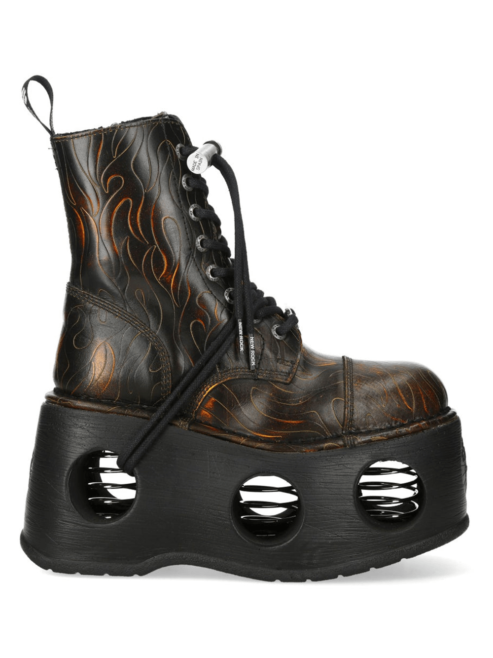 NEW ROCK Men's Flame Etched Gothic Military Platform Boots with fiery engraving and chunky tread sole.