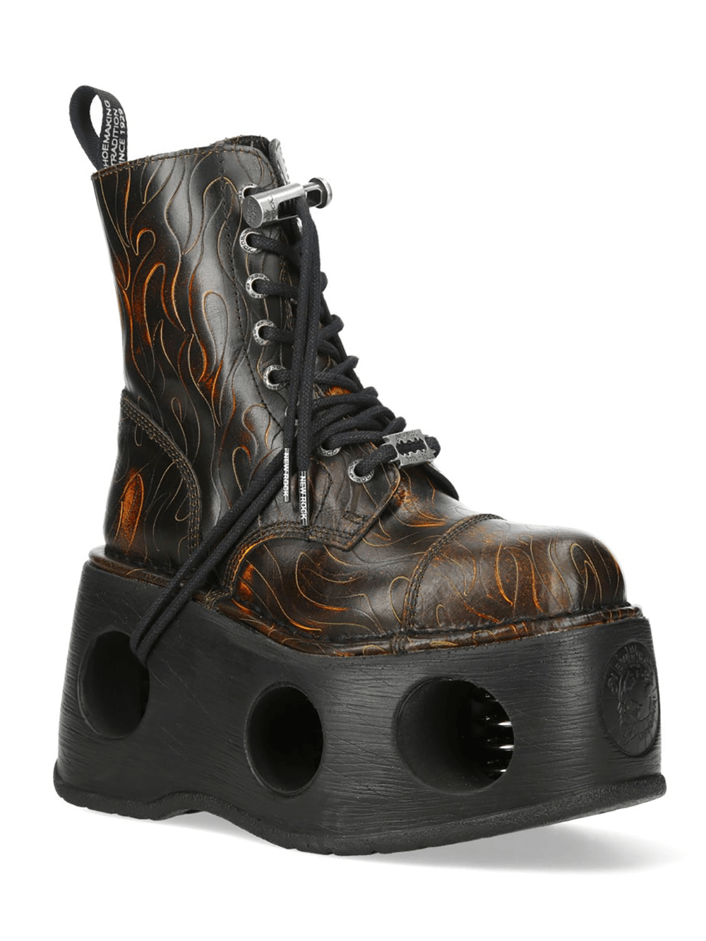 NEW ROCK Men's Flame Etched Gothic Military Platform Boots with fiery engraving and chunky platform sole.