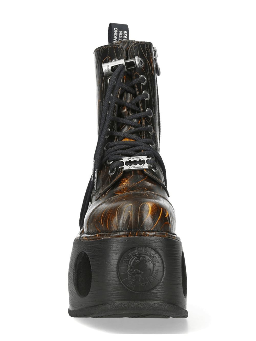 NEW ROCK Men's Flame Etched Gothic Military Platform Boots in black and fiery orange with chunky sole.