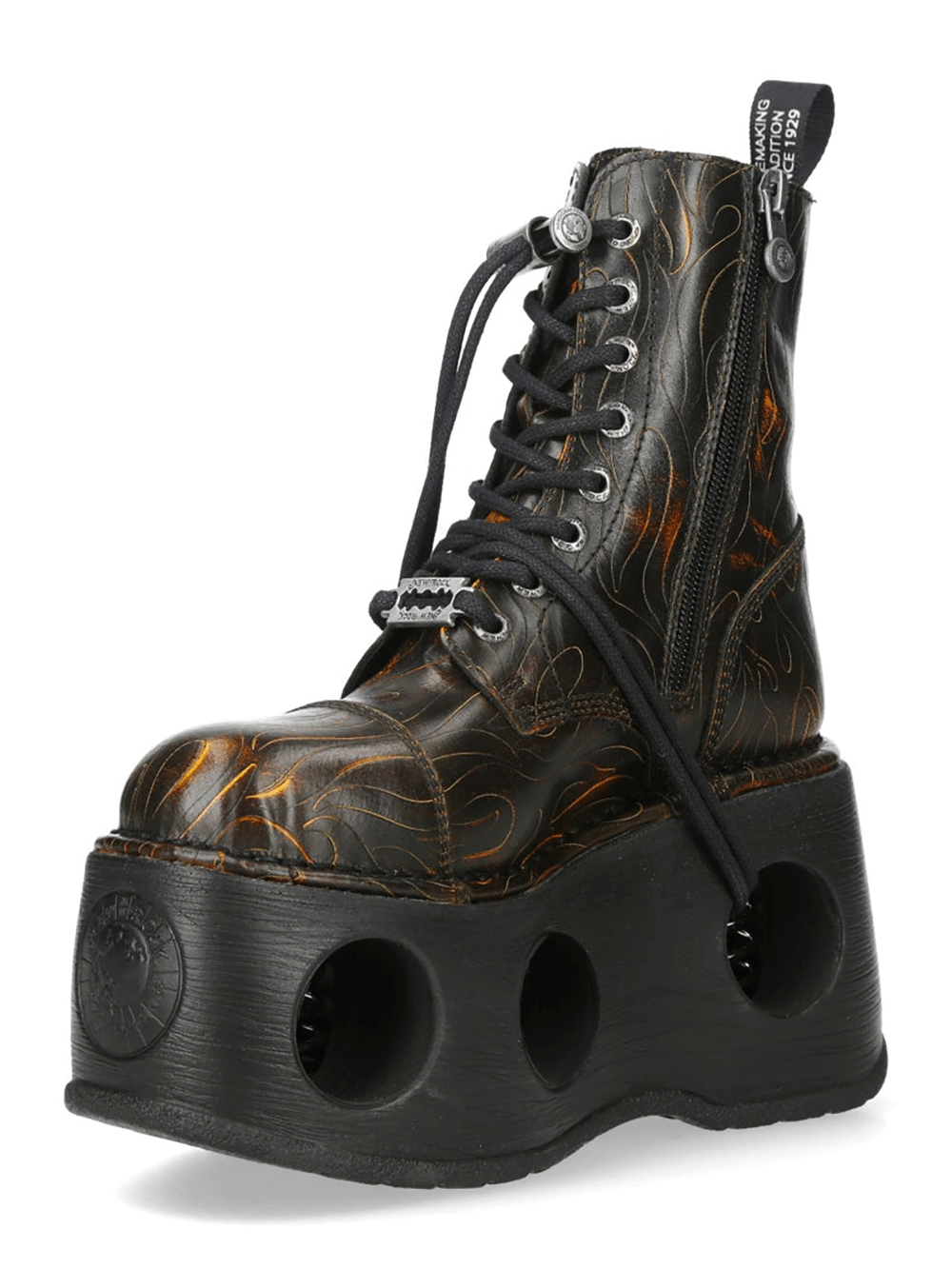 NEW ROCK Men's Flame Etched Gothic Military Platform Boots with fiery engraving and side zip