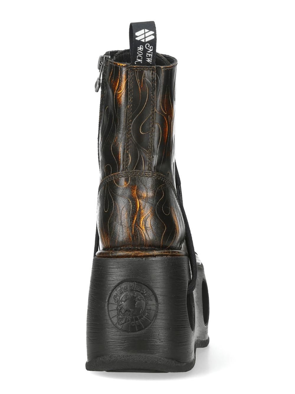 NEW ROCK Men's Flame Etched Gothic Military Platform Boots featuring fiery engravings and chunky tread sole.