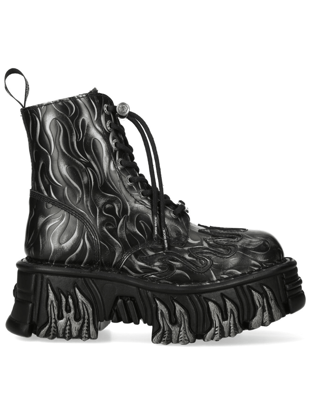 NEW ROCK Men's Black Flame Platform Boots with Steel Gothic Finish showcasing unique flame design.