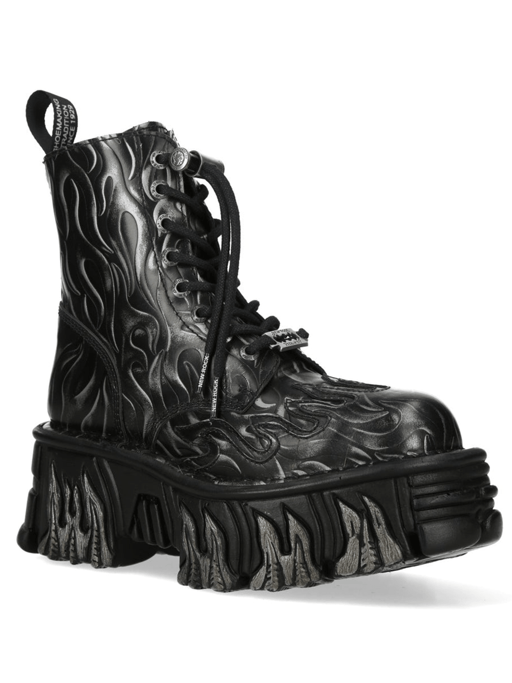 NEW ROCK Men's Black Flame Platform Boots with Steel Gothic Finish featuring flame design and chunky sole.