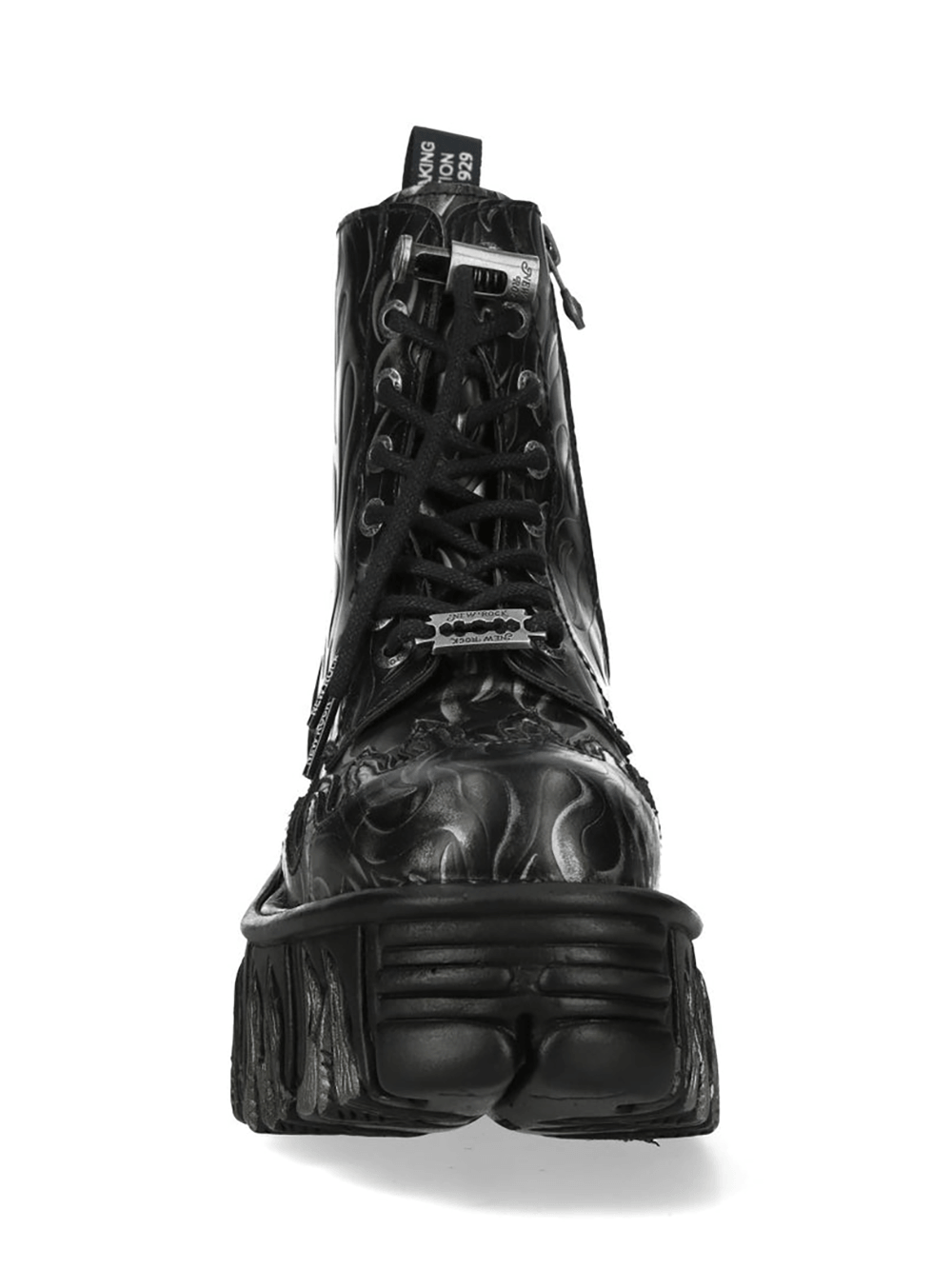 NEW ROCK Men's Black Flame Platform Boots with Steel Gothic Finish front view showcasing the unique flame design.