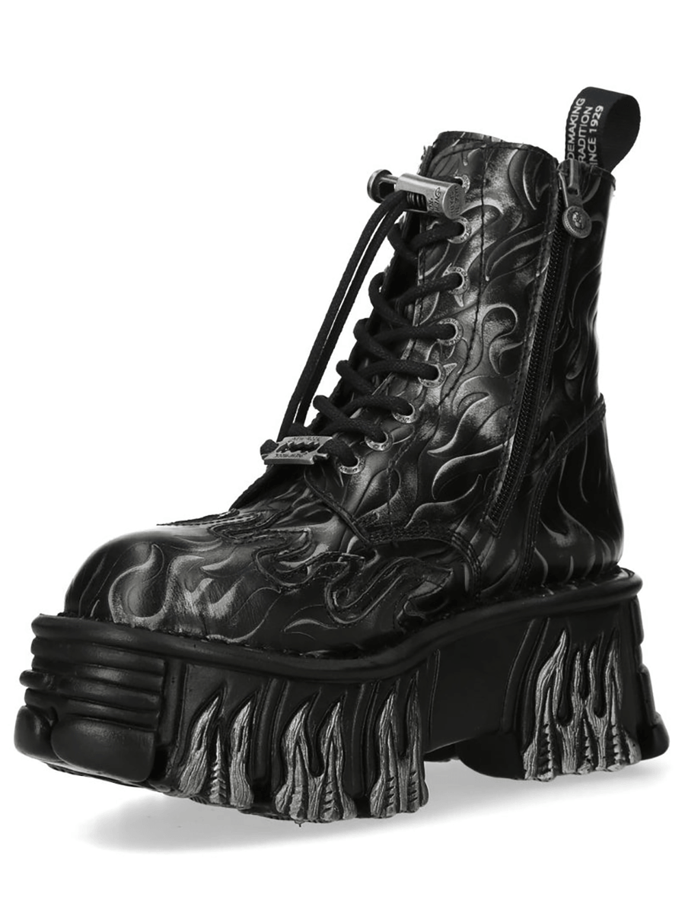NEW ROCK Men's Black Flame Platform Boots with Steel Gothic Finish showcased in stylish detail.