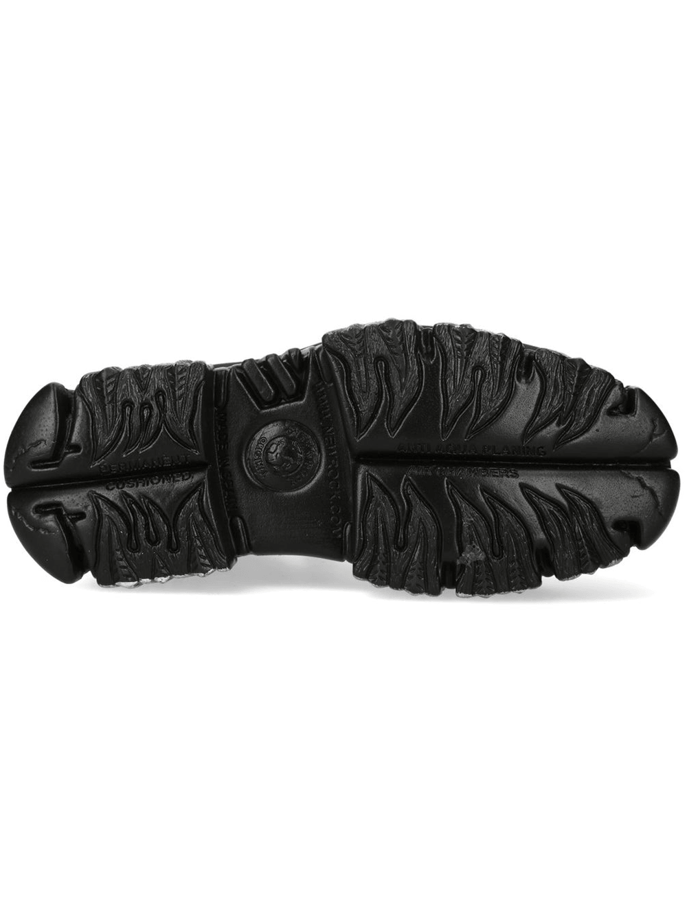 NEW ROCK Men's Black Flame Platform Boots with Steel Gothic Finish - Bottom view showcasing unique tread design.