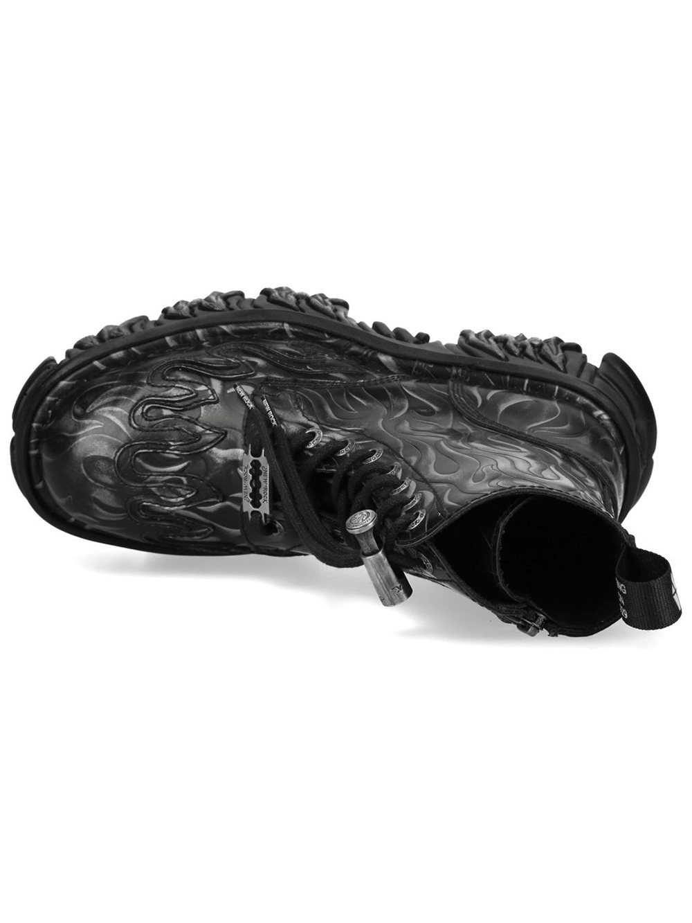 NEW ROCK Men's Black Flame Platform Boots with Steel Gothic Finish showcasing intricate flame design.