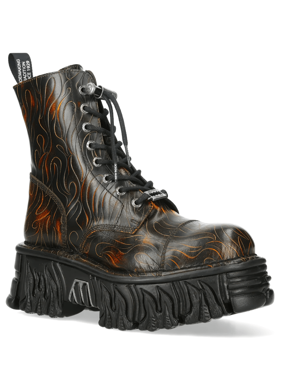 NEW ROCK Men's Flame Platform Combat Boots with Side Zipper showcasing a bold flame design and chunky platform sole.