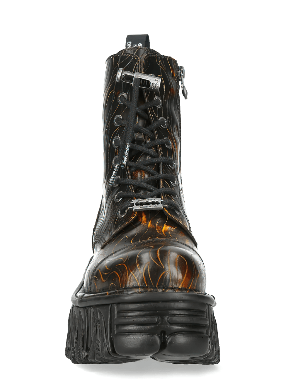 NEW ROCK Men's Flame Platform Combat Boots with Side Zipper front view showcasing the flame design and zip detail.