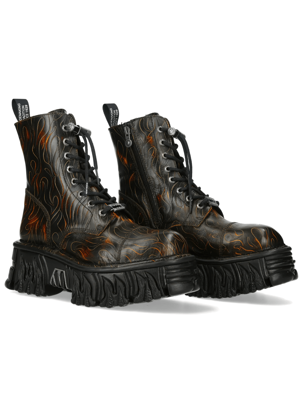 NEW ROCK Men's Flame Platform Combat Boots with Side Zipper featuring embossed flame design and platform sole.