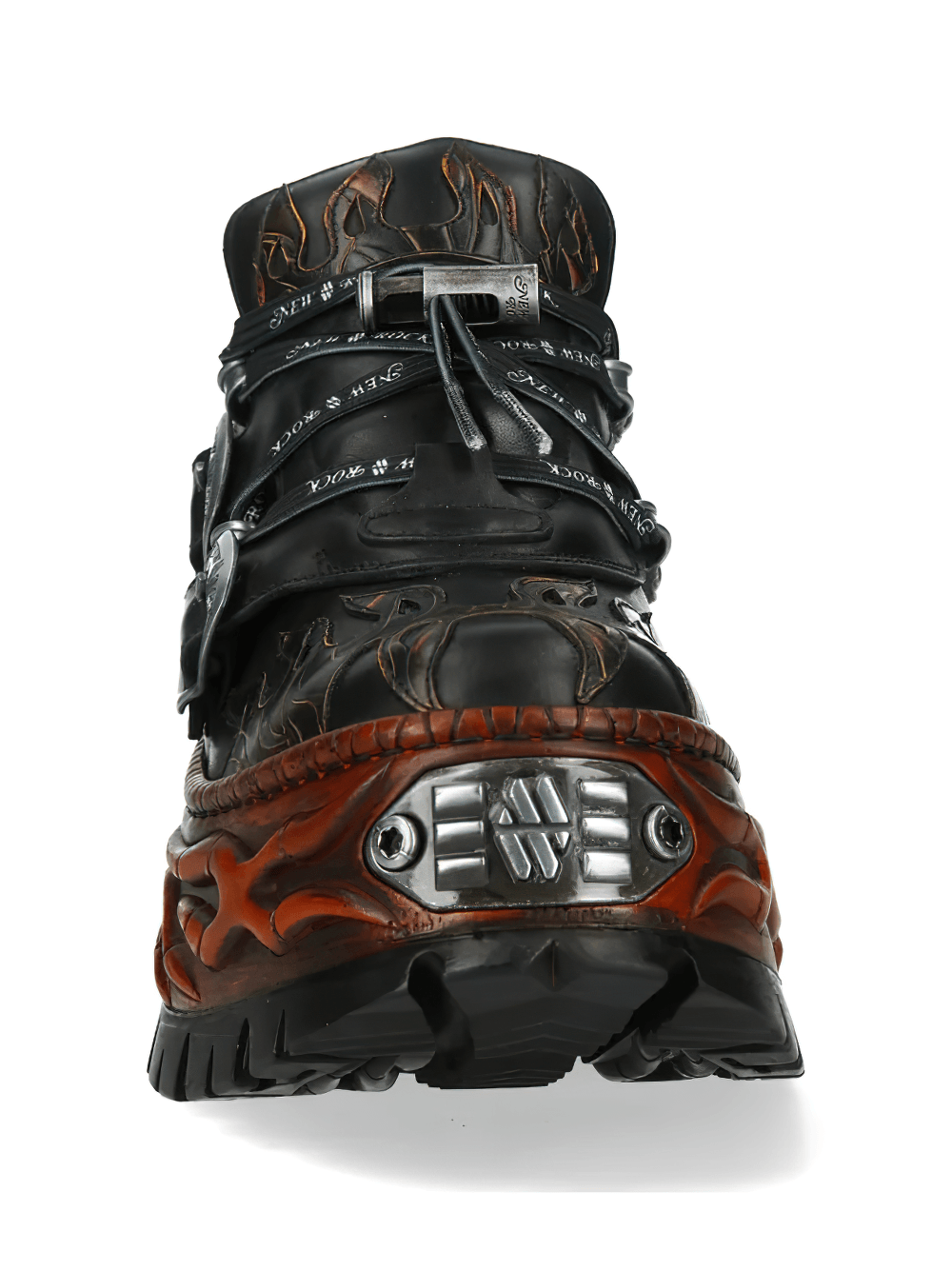 NEW ROCK Men's Flame Rock Shoes with Double Buckle Details featuring sculpted orange wall soles and embossed flame patterns.