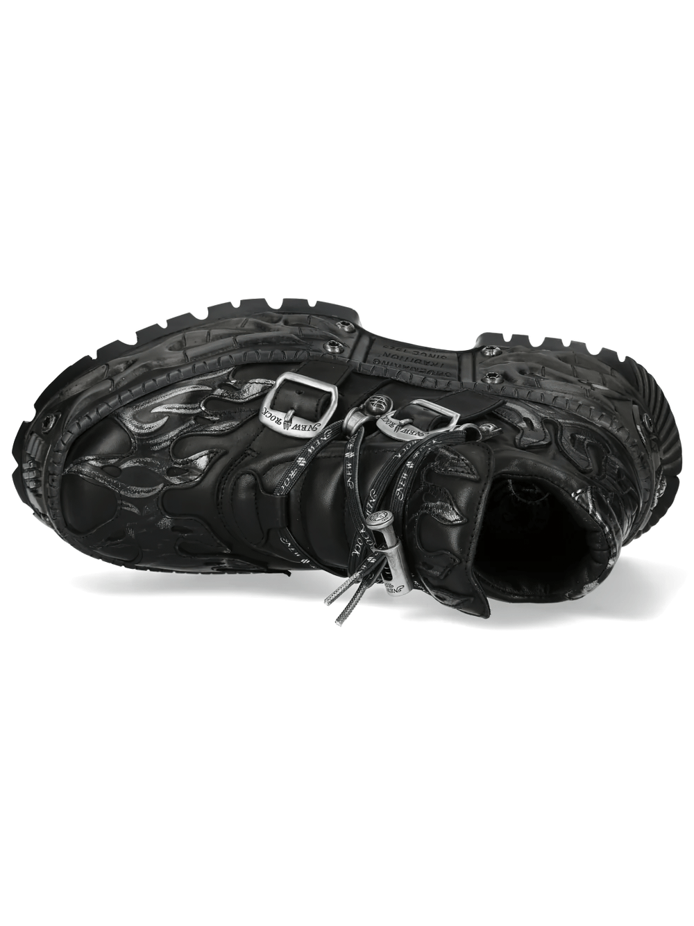 NEW ROCK Men's Flame Shoes with Double Buckle Straps featuring embossed flames and chunky gothic sole.