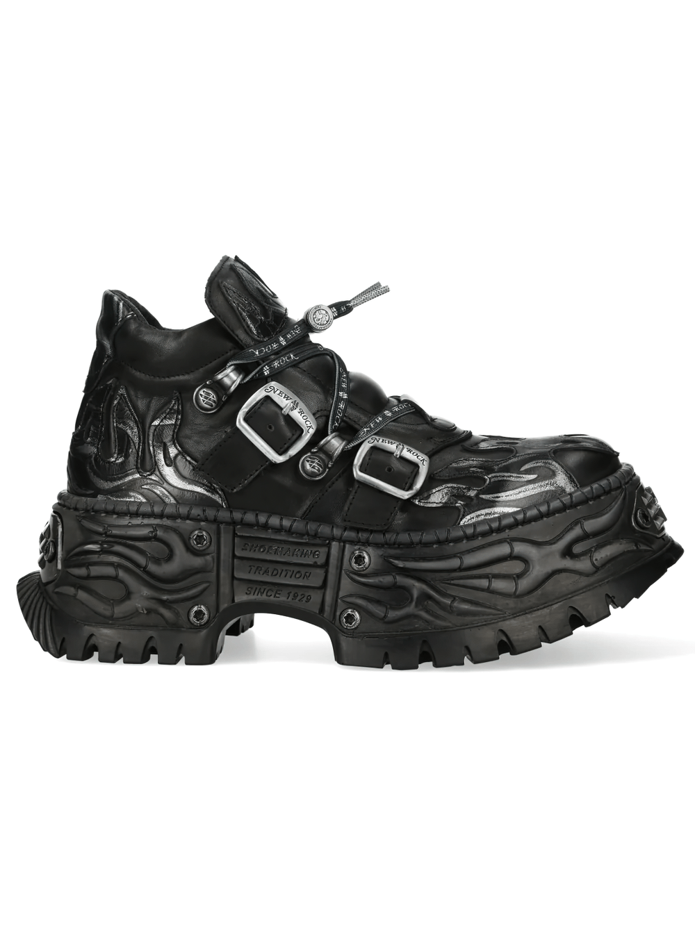NEW ROCK Men's Flame Shoes with Double Buckle Straps featuring embossed flame detailing and chunky gothic sole.
