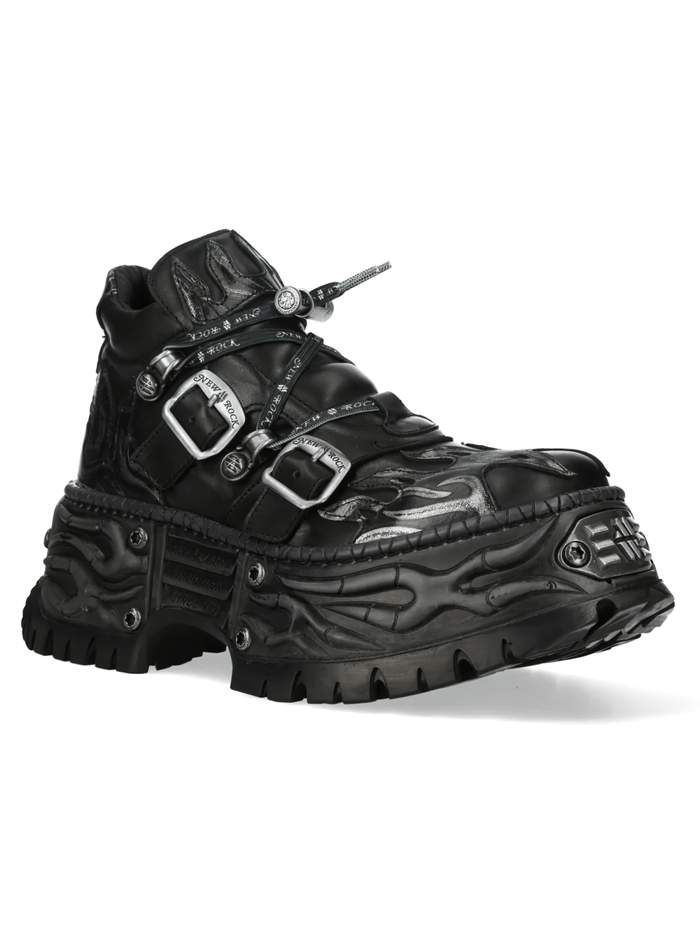 NEW ROCK Men's Flame Shoes with Double Buckle Straps featuring embossed flames and chunky Gothic sole.