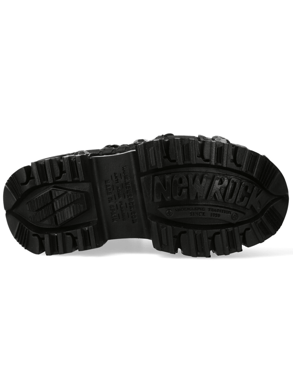 NEW ROCK Men's Goth Platform Shoes with Extreme Sole Profile - Bottom view showcasing chunky sole and rugged tread.