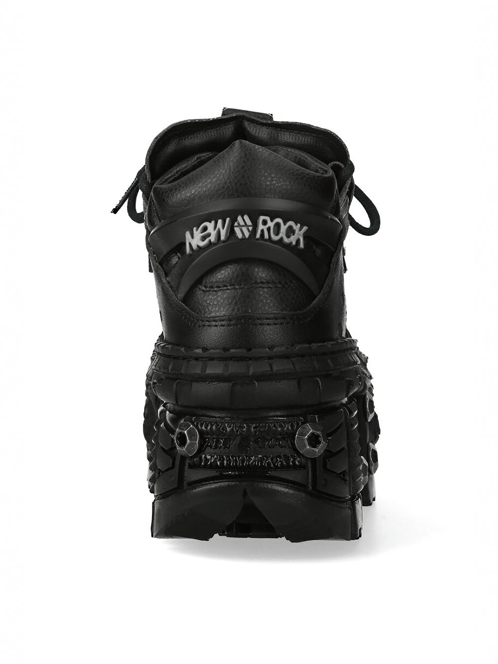 Back view of NEW ROCK Men's Goth Platform Shoes with Extreme Sole Profile featuring metal accents and chunky sole.