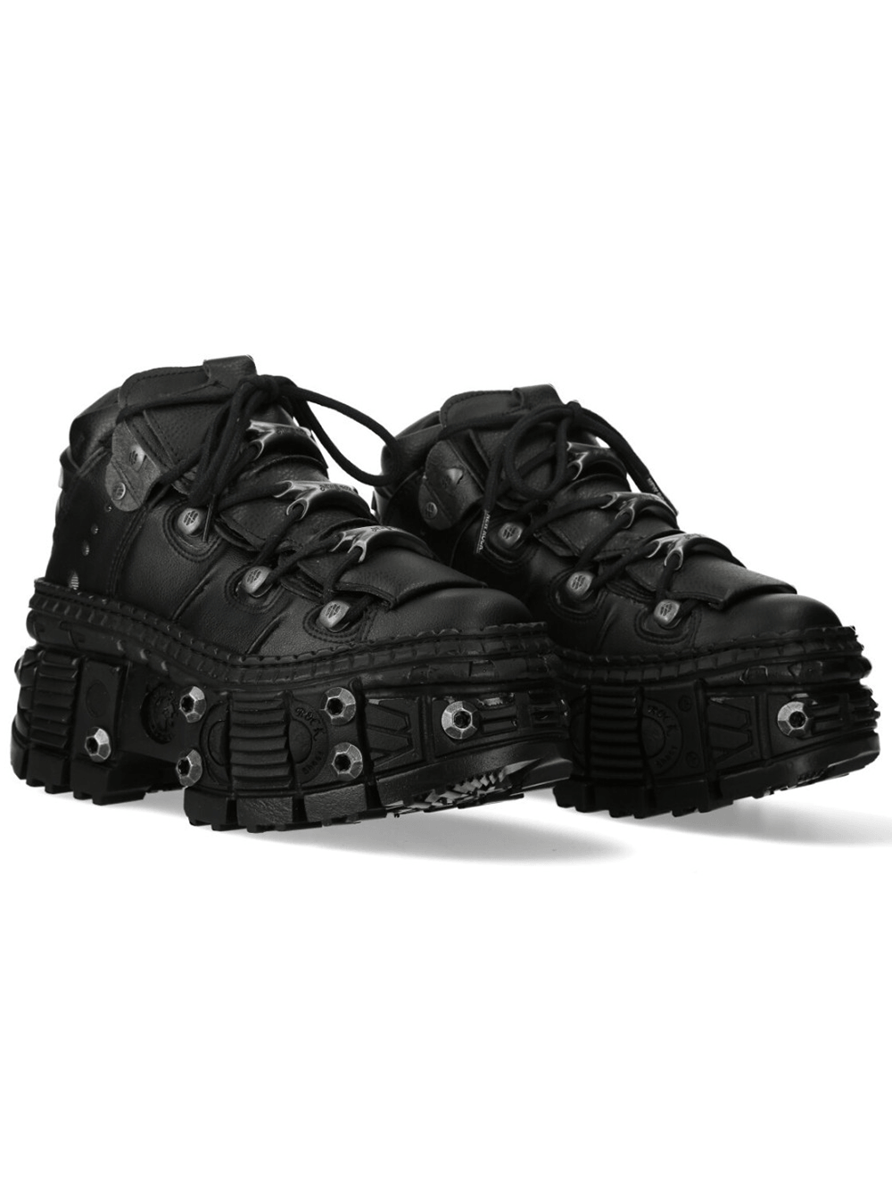 NEW ROCK Men's Goth Platform Shoes with Extreme Sole Profile featuring heavy rock design, black color, chunky sole, and metal accents.