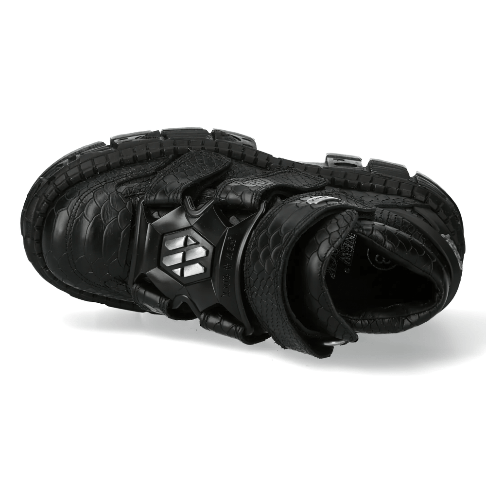 NEW ROCK Men's Gothic Ankle Boots with Textured Croc Pattern featuring chunky platform and triple straps.