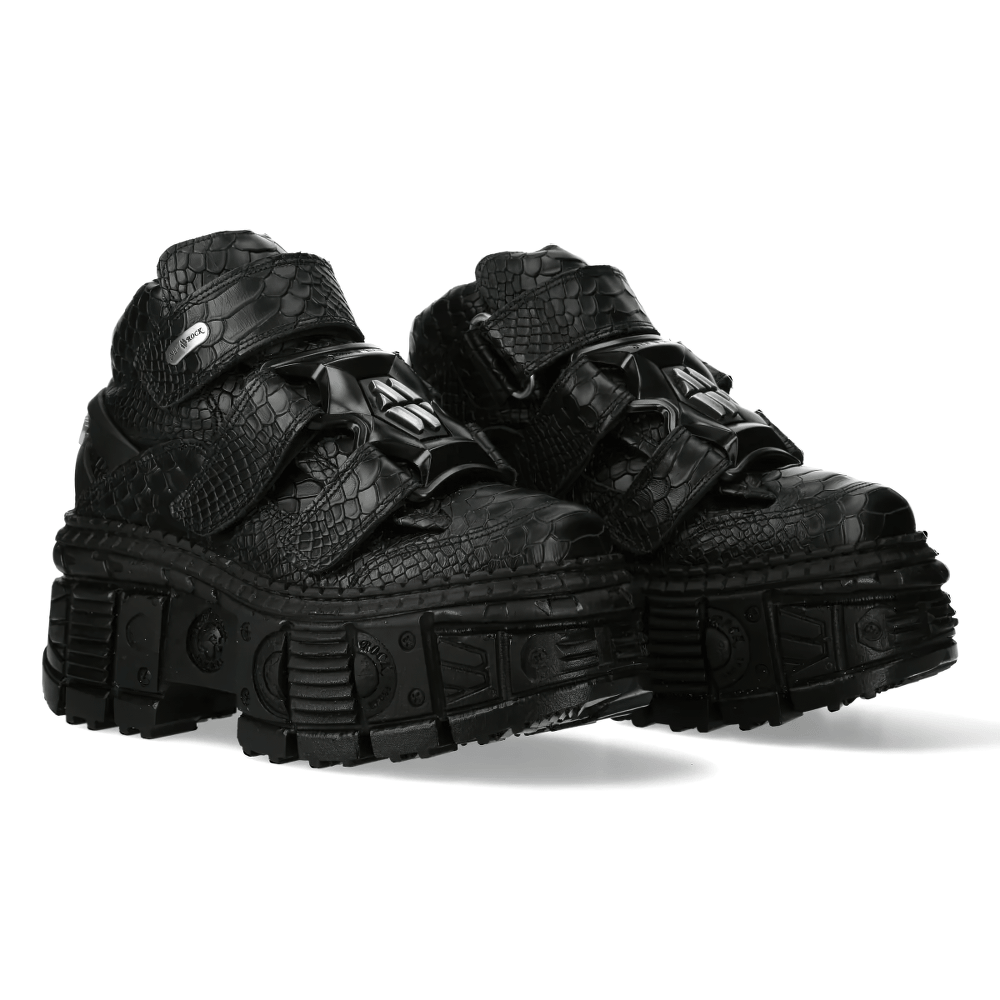 NEW ROCK Men's Gothic Ankle Boots with Textured Croc Pattern featuring chunky platform and triple straps.